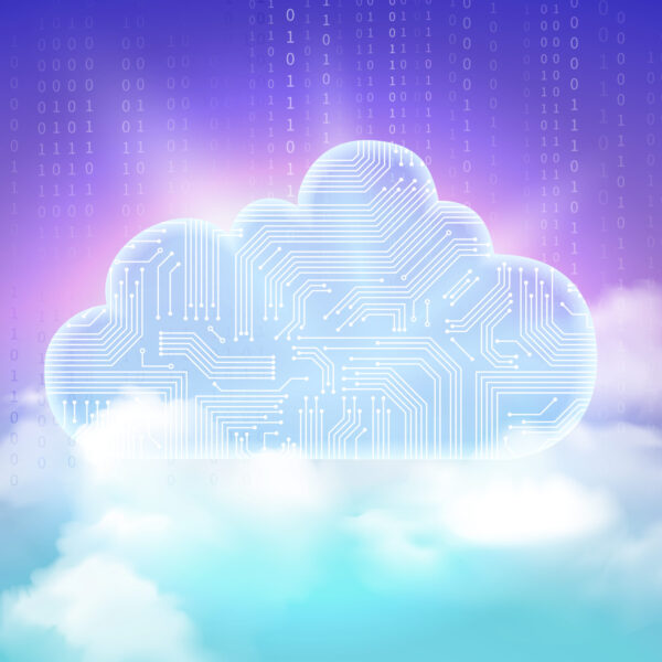 Cloud Storage Symbol Safe data storage service shining electronic circuits cloud symbol above realistic sky radiant colorful background vector illustration